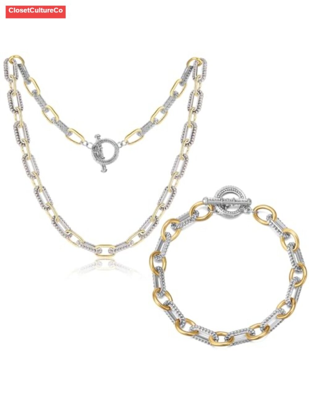 Two Tone Link Chain Necklace Bracelet Set Gold Plated Brass Jewelry Gift